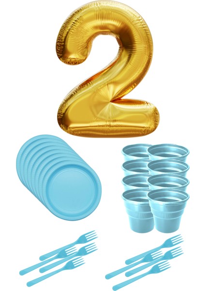 8 Tabak 8 Bardak 8 Çatal ( Mavi ) Rakam Folyo Balon 2 Yaş ( Gold )