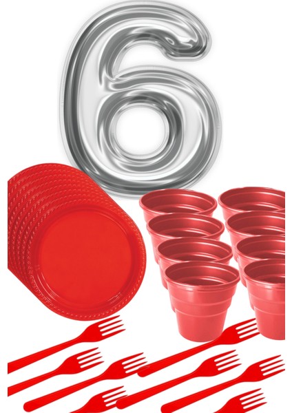 8 Tabak 8 Bardak 8 Çatal ( Kırmızı ) Rakam Folyo Balon 6 Yaş ( Gümüş Gri )