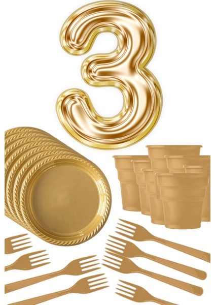 Gold Tabak - Gold Bardak - Gold Çatal Gold Rakam Folyo Balon 3 Yaş Altın Sarısı