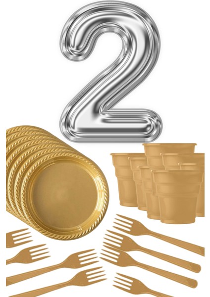 Gold Tabak - Gold Bardak - Gold Çatal Gümüş Folyo Balon Rakam 2 Yaş