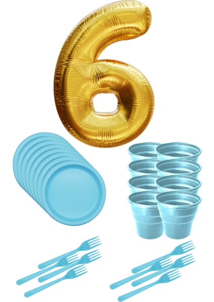 8 Tabak 8 Bardak 8 Çatal ( Mavi ) Rakam Folyo Balon 6 Yaş ( Gold )