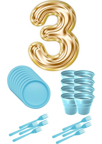 8 Tabak 8 Bardak 8 Çatal ( Mavi ) Rakam Folyo Balon 3 Yaş ( Gold )