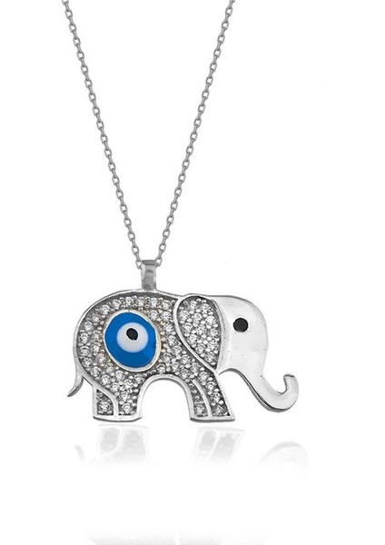 925 Ayar Rodyum Kaplamalı Beyaz Taşlı Mavi Nazarlı Fil Tasarım Gümüş Kolye