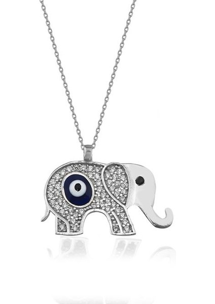 925 Ayar Rodyum Kaplamalı Beyaz Taşlı Mavi Nazarlı Fil Tasarım Gümüş Kolye fiyatları