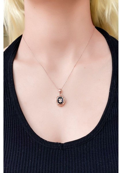 925 Ayar Rose Kaplamalı Siyah Mineli Yonca Gümüş Kolye