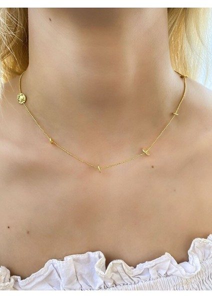 925 Ayar Gold Kaplamalı Top Zincirli Araları Pullu Gümüş Kolye