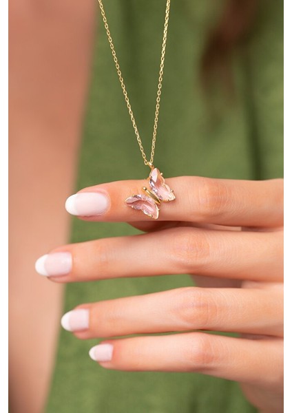 925 Ayar Gümüş Cam Taşlı Kelebek Kolye fırsatları