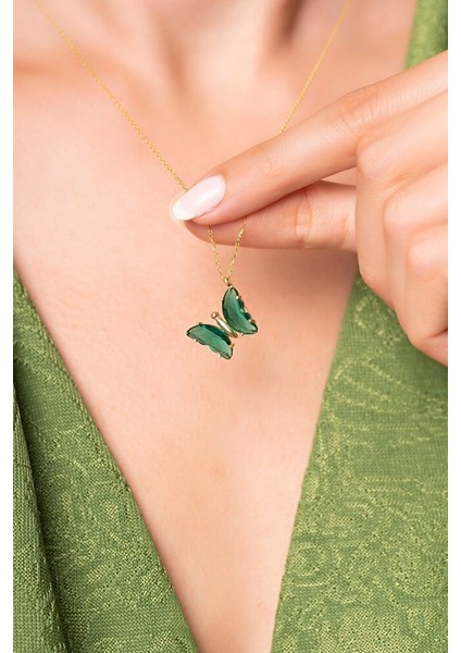 925 Ayar Gümüş Cam Taşlı Kelebek Kolye indirimleri