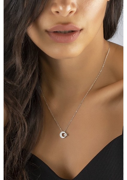 925 Ayar Swarovski Taşlı Ay Yıldız Rodyum Kaplamalı Gümüş Kolye fırsatları