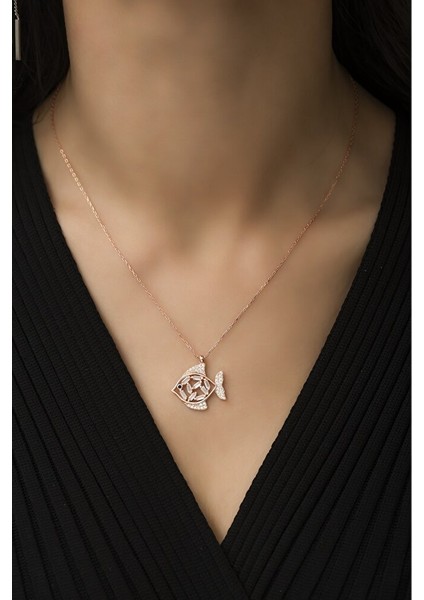 925 Ayar Rose Kaplamalı Beyaz Taşlı Balık Gümüş Kolye fiyatları