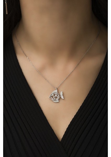 925 Ayar Rose Kaplamalı Beyaz Taşlı Balık Gümüş Kolye modelleri