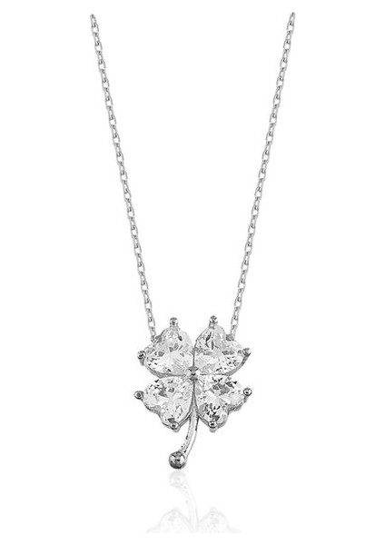 925 Ayar Rodyum Kaplamalı Kalp Kesim Beyaz Taşlı Yonca Gümüş Kolye