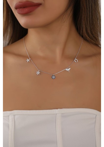 925 Ayar Rodyum Kaplamalı Beyaz Taşlı Nazarlı Gümüş Şans Kolyesi