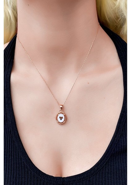 925 Ayar Rose Kaplamalı Siyah Mineli Yaprak Gümüş Kolye