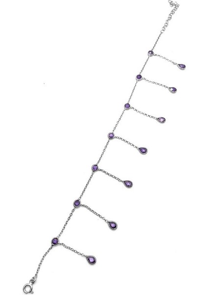 925 Ayar Rodyum Kaplamalı Damla Kesim Mor Taşlı Gümüş Halhal