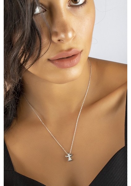 925 Ayar Swarovski Taşlı Melek Sembolü Rodyum Kaplamalı Gümüş Kolye