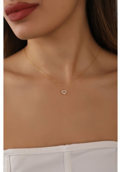 925 Ayar Rodyum Kaplamalı Beyaz Taşlı Minimal Kalpli Gümüş Kolye modelleri