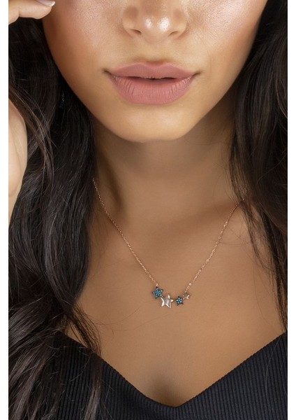 925 Ayar Rose Kaplamalı Turkuaz Taşlı Yıldız Gümüş Kolye fiyatları