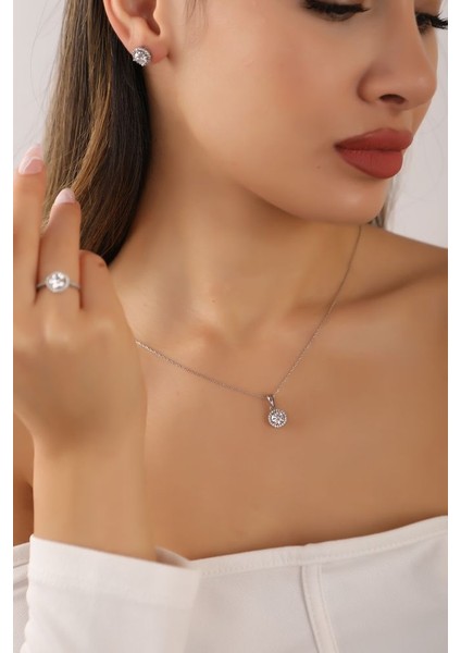925 Ayar Taşlı Yuvarlak Tek Taş Rodyum Kaplamalı Gümüş Takım