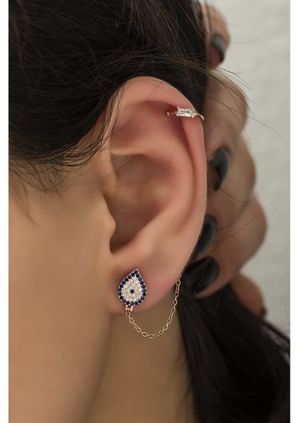 925 Ayar Rose Kaplamalı Zirkon Taşlı Damla Kesim Nazar Zincirli Kıkırdak Gümüş Küpe