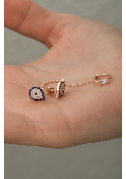 925 Ayar Rose Kaplamalı Zirkon Taşlı Damla Kesim Nazar Zincirli Kıkırdak Gümüş Küpe fiyatları