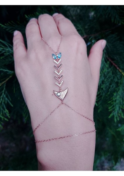 925 Ayar Rose Kaplamalı Mavi ve Beyaz Taşlı Balık Kılçığı Gümüş Şahmeran