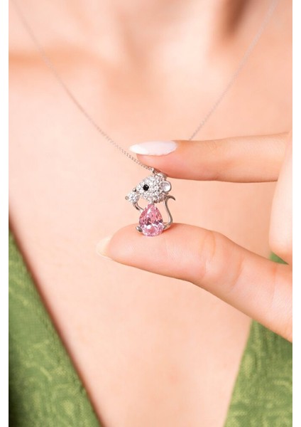 925 Ayar Pembe Taşlı Fare Kolye