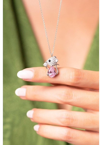 925 Ayar Pembe Taşlı Fare Kolye modelleri