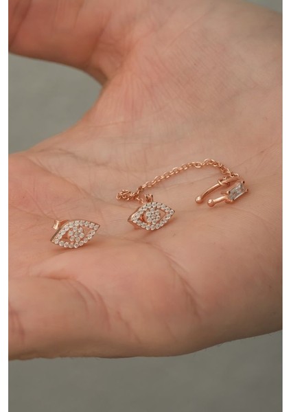 925 Ayar Rose Renk Sallantılı 3'lü Göz Gümüş Kıkırdak Küpe modelleri