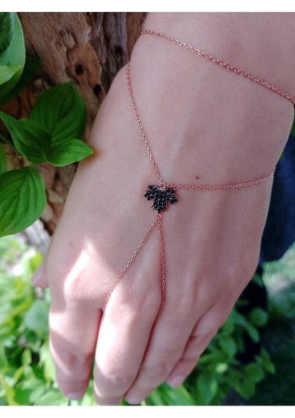 925 Ayar Rose Kaplamalı Siyah Taşlı Yaprak Tasarım Gümüş Şahmeran