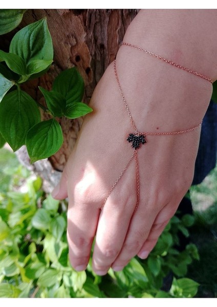 925 Ayar Rose Kaplamalı Siyah Taşlı Yaprak Tasarım Gümüş Şahmeran fiyatları