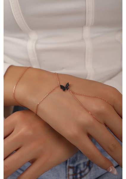 925 Ayar Rose Kaplamalı Siyah Taşlı Kelebek Gümüş Şahmeran