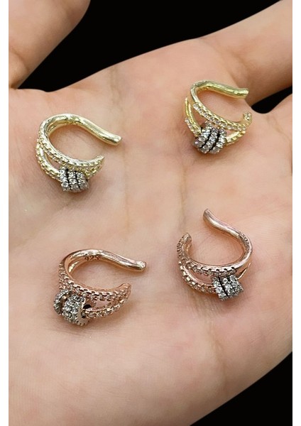 925 Ayar Gold Kaplamalı Beyaz Taşlı Sallantılı 3 Halkalı Gümüş Kıkırdak Küpe fırsatları