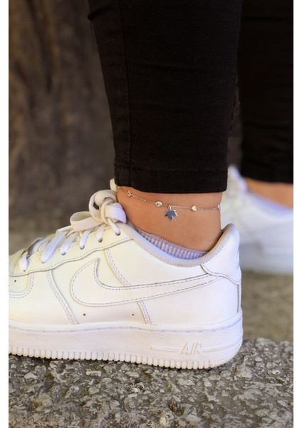 925 Ayar Rodyum Kaplama Beyaz Taşlı Yaprak Gümüş Halhal