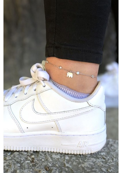 925 Ayar Rodyum Kaplamalı Beyaz Taşlı Fil Sallantılı Gümüş Halhal