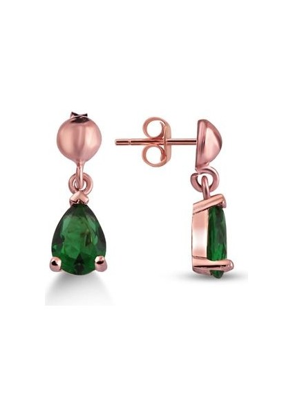 925 Ayar Rose Kaplamalı Yeşil Taşlı Damla Kesim Gümüş Küpe