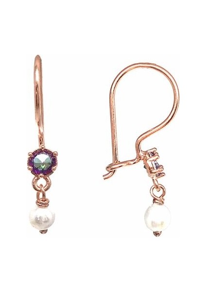 925 Ayar Rose Kaplamalı Mistik Topaz Taşlı ve Incili Zarif Gümüş Küpe