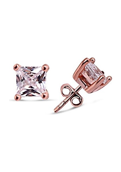 925 Ayar Rose Kaplamalı 4mm Beyaz Tek Taşlı Gümüş Küpe