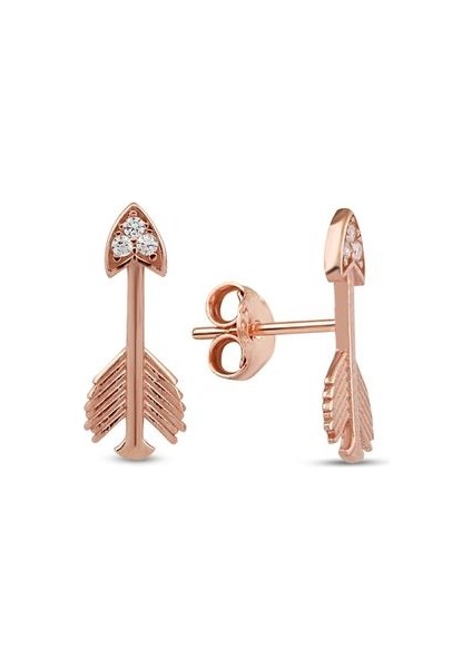 925 Ayar Rose Kaplamalı Beyaz Taşlı Ok Gümüş Küpe