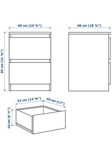 Komodin Beyaz Renk 40X55 cm Malm Komodin 40X55 cm 2 Çekmeceli Şifonyer