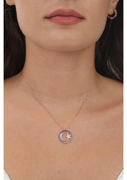 925 Ayar Rose Kaplamalı Mavi Taşlı Nazar Gözlü Ay Yıldız Gümüş Kolye