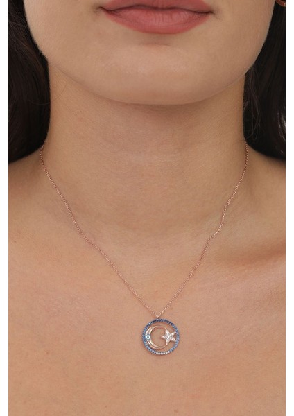 925 Ayar Rose Kaplamalı Mavi Taşlı Nazar Gözlü Ay Yıldız Gümüş Kolye fiyatları