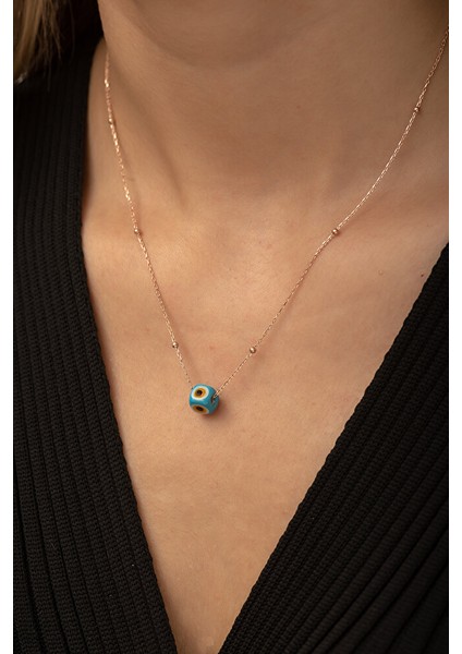 925 Ayar Rose Kaplamalı Turkuaz Mineli Nazar Boncuklu Top Zincirli Kare Küp Gümüş Kolye