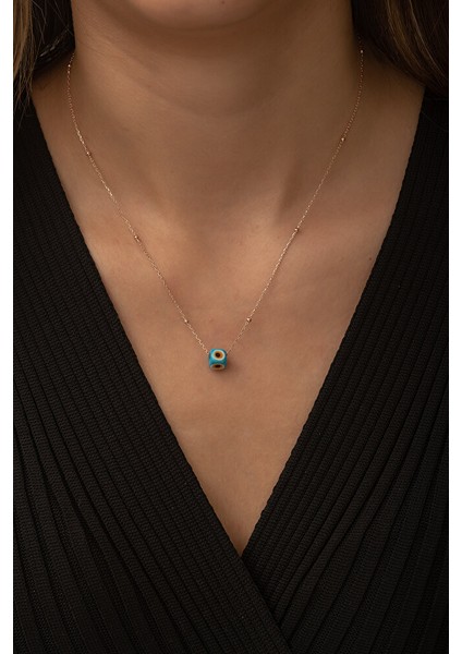 925 Ayar Rose Kaplamalı Turkuaz Mineli Nazar Boncuklu Top Zincirli Kare Küp Gümüş Kolye fiyatları