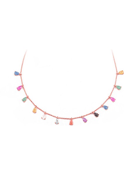 925 Ayar Rose Kaplamalı Damla Kesim Multicolour Taşlı Gümüş Kolye