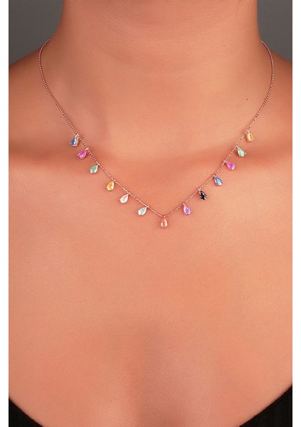925 Ayar Rose Kaplamalı Damla Kesim Multicolour Taşlı Gümüş Kolye