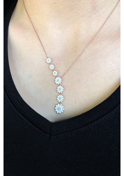 925 Ayar Rose Kaplamalı Beyaz Mineli Papatya Gümüş Kolye