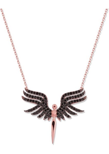 Siyah Zirkon Taşlı Melek Gümüş Kolye