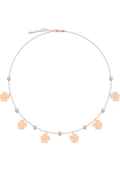 925 Ayar Rose Kaplamalı Beyaz Taşlı Yonca Çiçek Pullu Gümüş Kolye