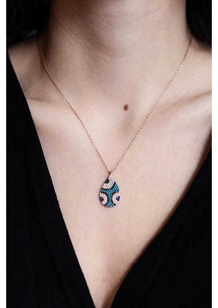 925 Ayar Rose Kaplamalı Zirkon Taşlı Nazarlı Damla Gümüş Kolye